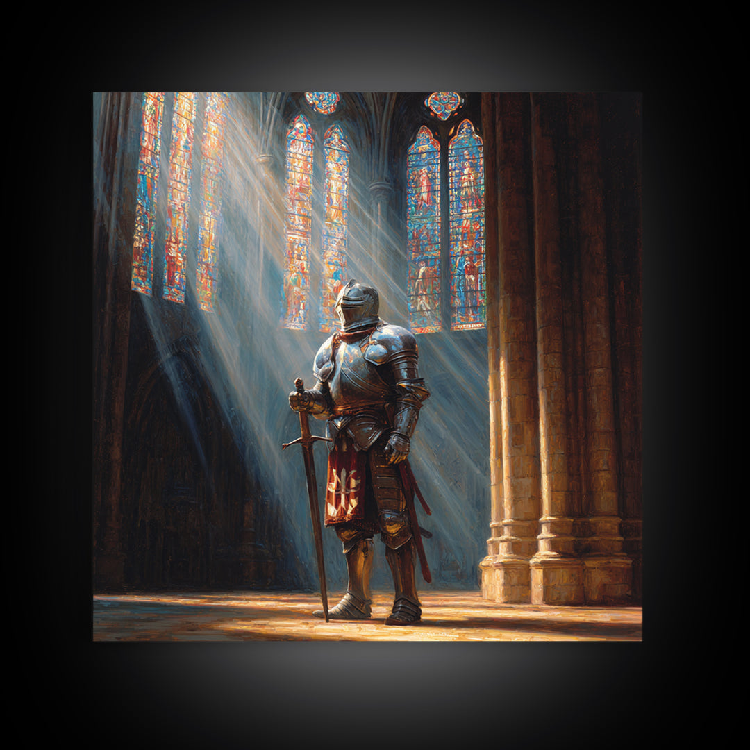 Armored Knight In Cathedral Light Wall Art, Medieval Fantasy Oil Painting, Gothic Decor, Dark Academia, Living Room Decor, Gift For Him