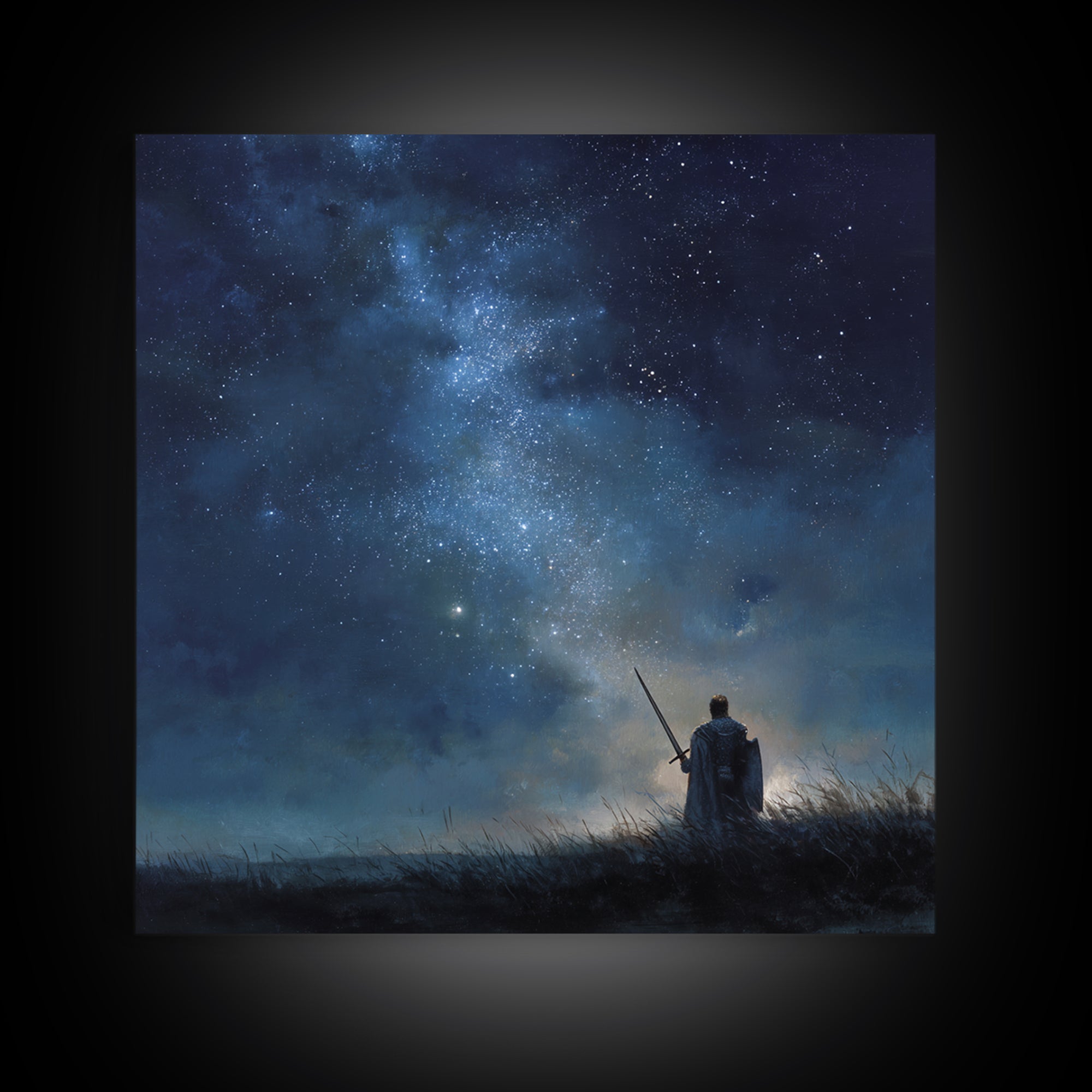 Starry Night Warrior With Sword Under Milky Way Canvas Print, Fantasy Wall Art, Celestial Decor, Mystical Bedroom Art Gift