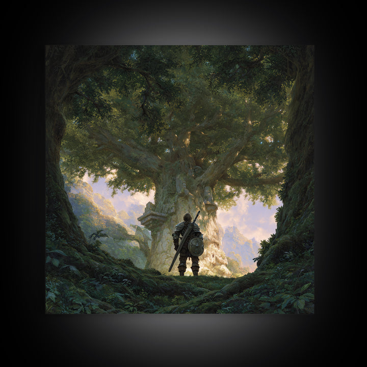 Warrior Before Ancient Tree Wall Art, Fantasy Forest Canvas Print, Enchanted Landscape Decor, Mythical Adventure Gift For Gamers