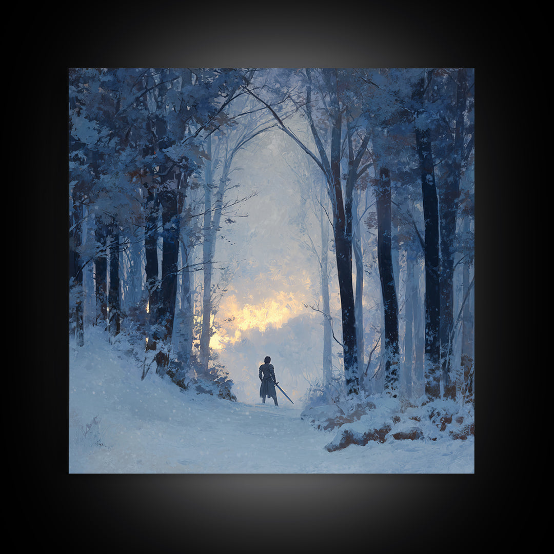 Blue Snowy Forest Wanderer Wall Art, Winter Landscape Canvas Print, Moody Nature Decor, Fantasy Adventure Gift For Him