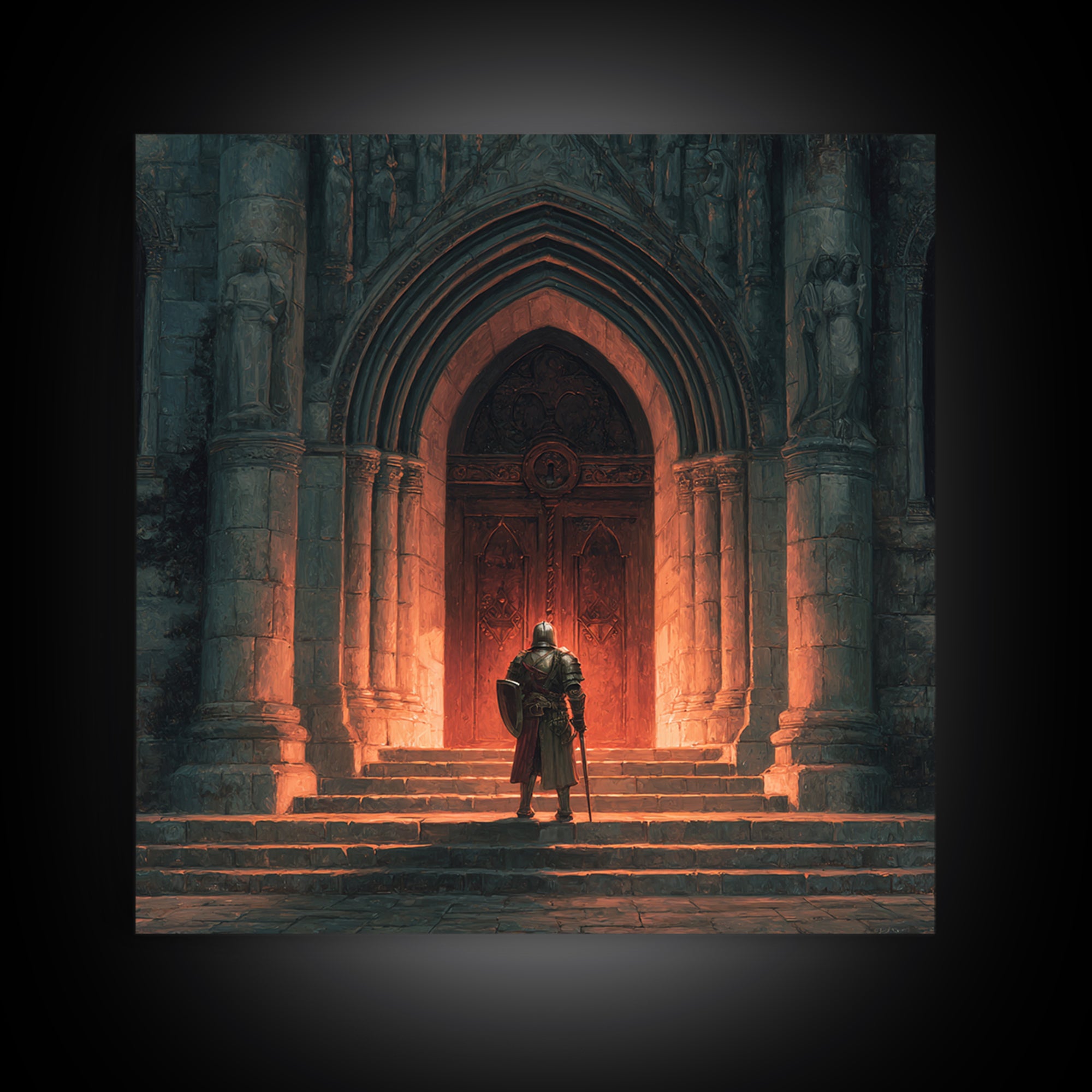 Armored Knight Before Gothic Cathedral Door Canvas Print, Medieval Wall Art, Dark Academia Decor, Gothic Fantasy Gift For Him