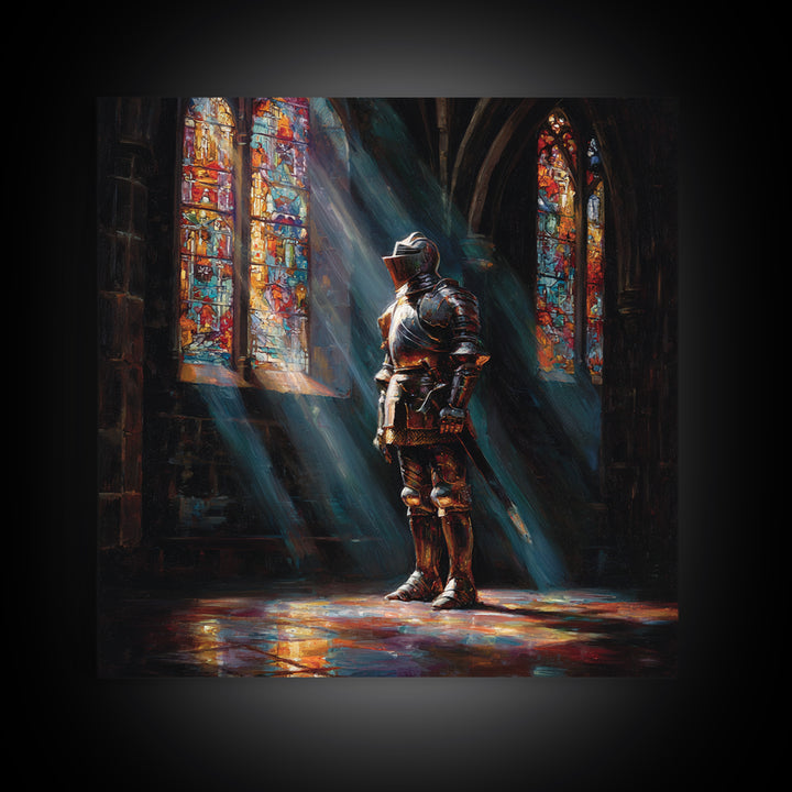 Armored Knight In Stained Glass Cathedral Wall Art, Gothic Castle Canvas Print, Medieval Decor, Dark Academia Fine Art Print