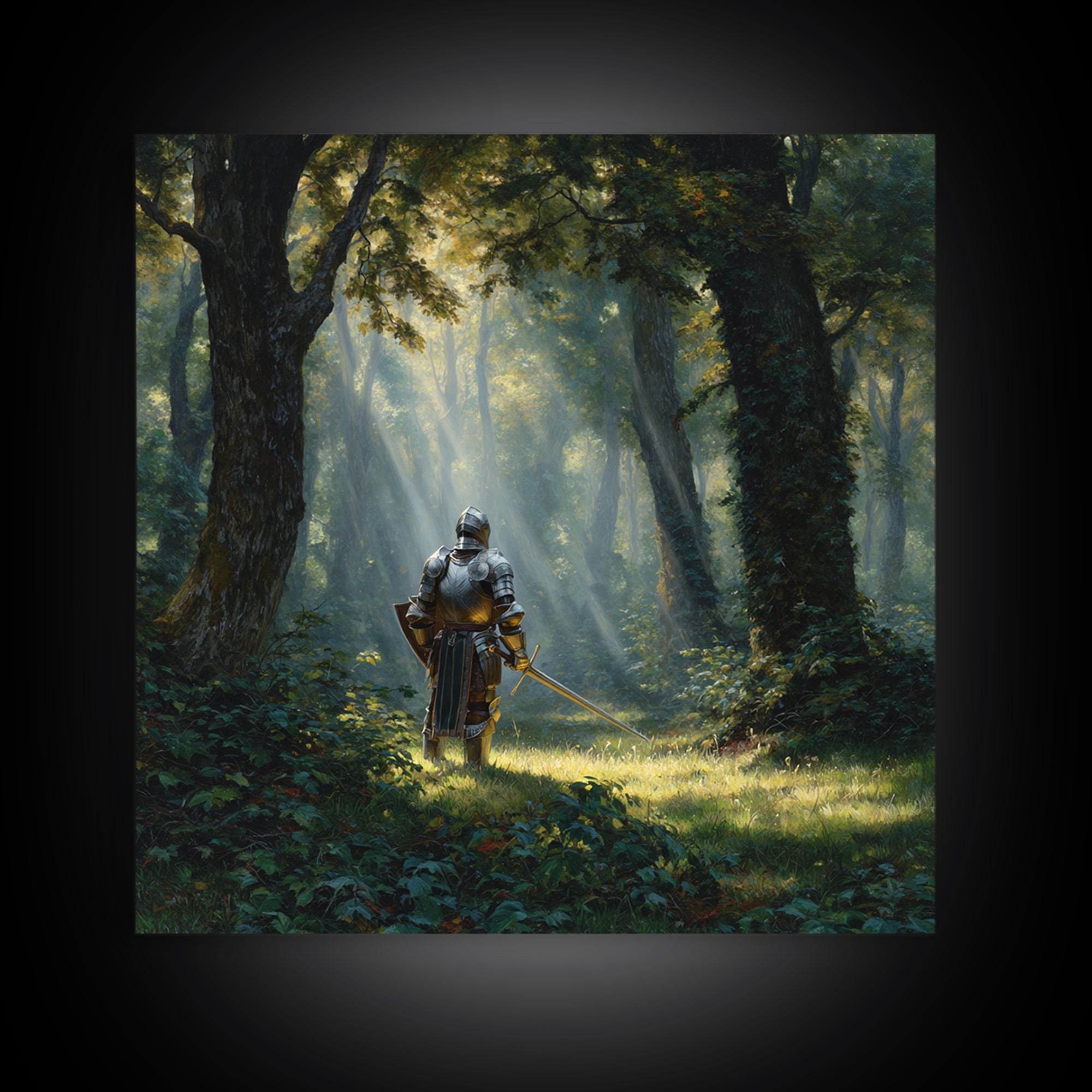 Armored Knight In Sunlit Forest Wall Art, Fantasy Canvas Print, Medieval Woodland Decor For Game Room Office And Home Decor