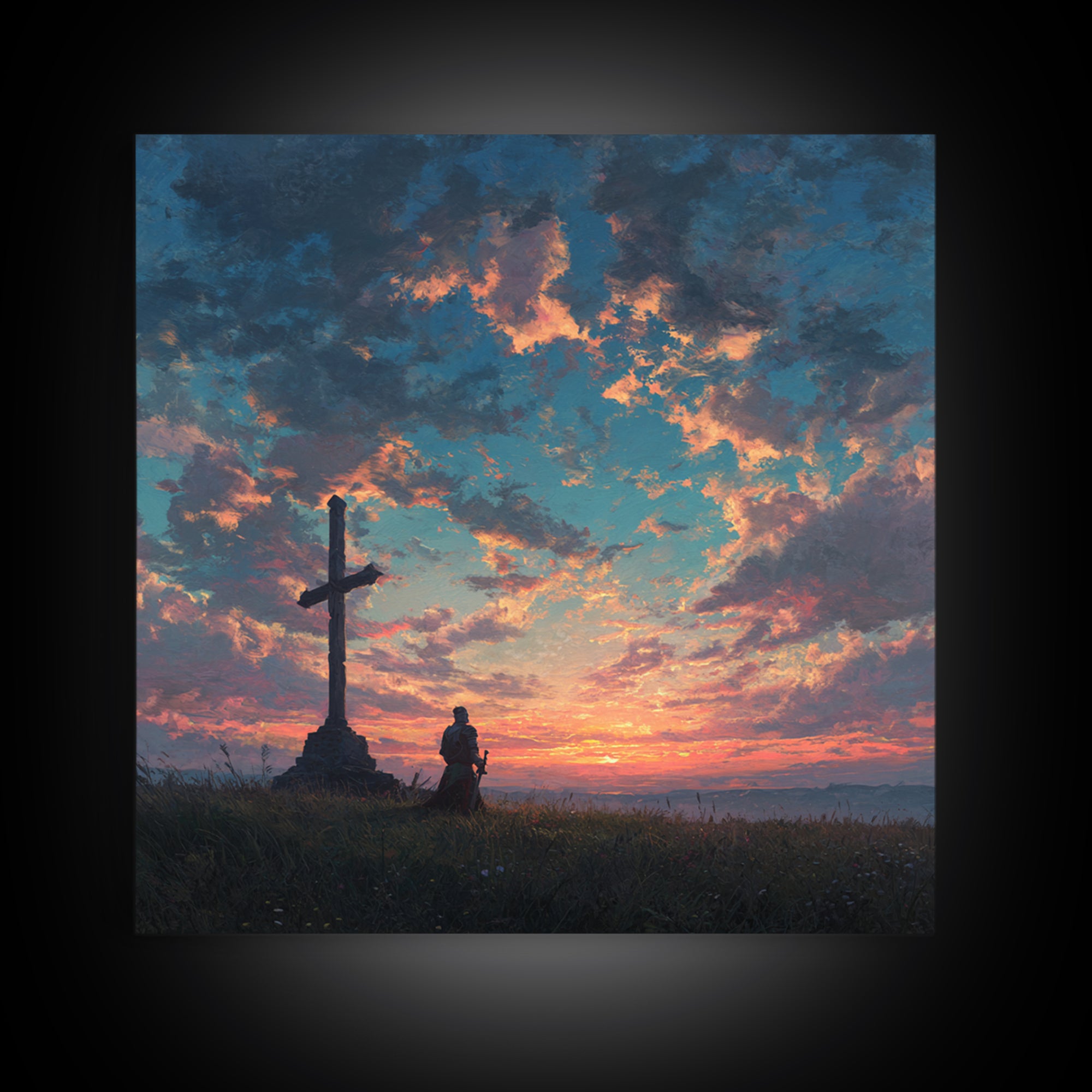 Knight Praying By Cross At Sunset Wall Art, Christian Landscape Painting, Bible Verse Decor, Inspirational Gift For Him Print