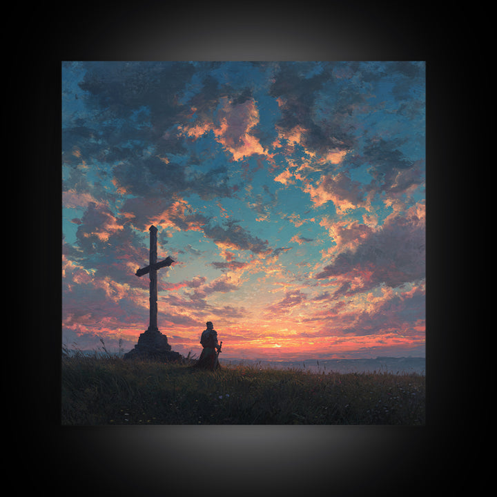 Knight Praying By Cross At Sunset Wall Art, Christian Landscape Painting, Bible Verse Decor, Inspirational Gift For Him Print