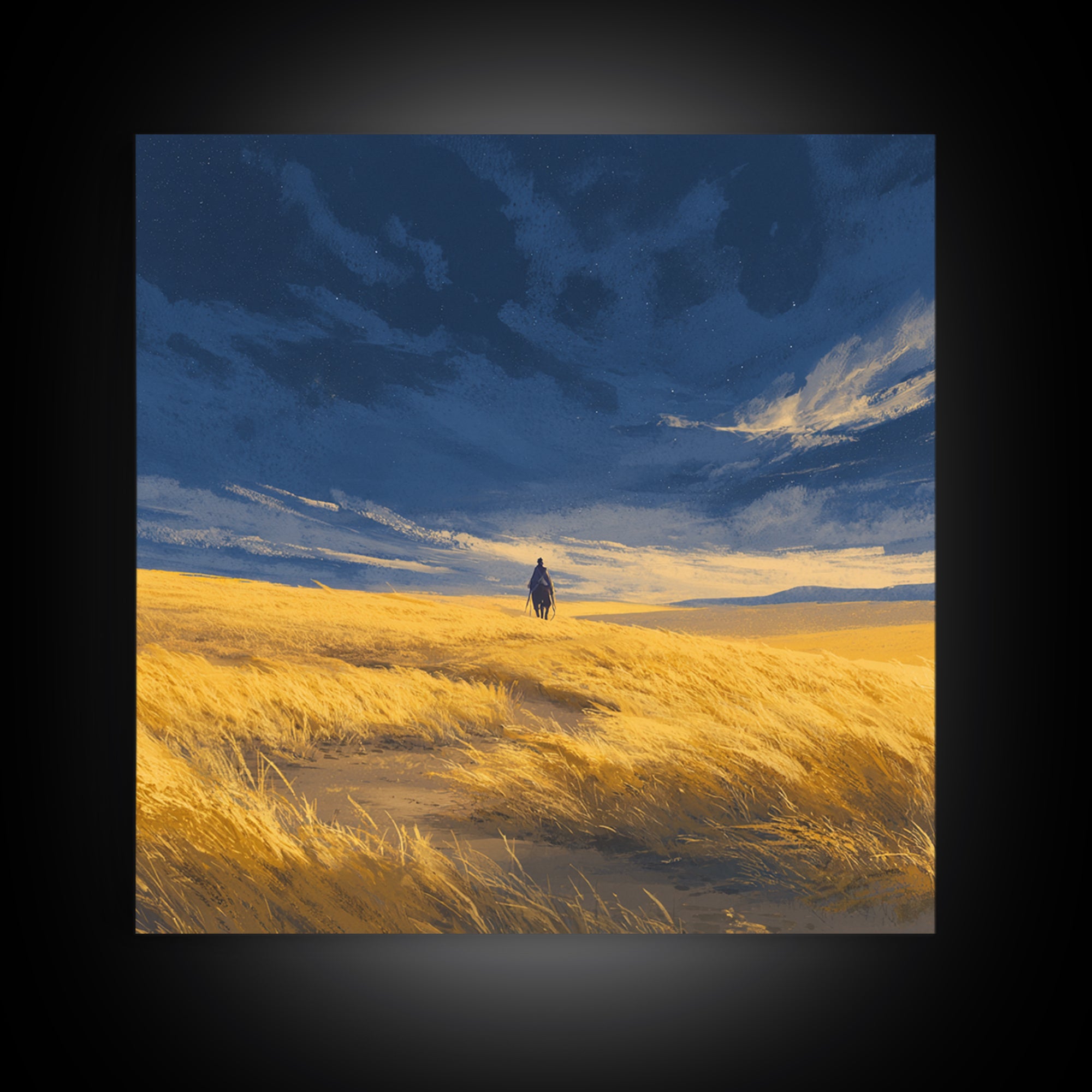 Lone Traveler In Golden Prairie Under Blue Sky Wall Art, Dreamy Landscape Canvas Print, Minimalist Nature Decor, Rustic Gift