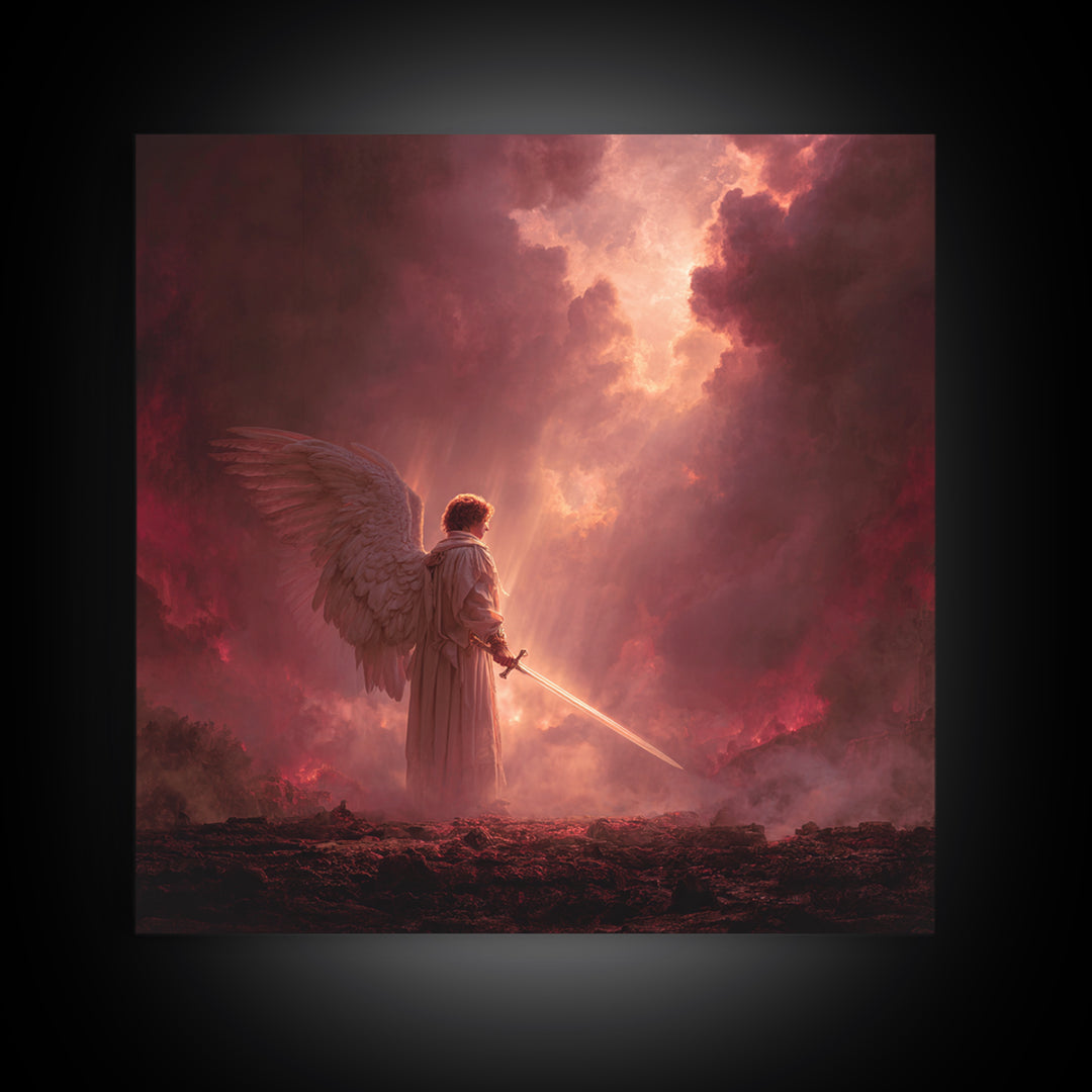 Angel Warrior With Sword Wall Art, Dark Fantasy Canvas Print, Christian Spiritual Decor, Gothic Celestial Statement Artwork