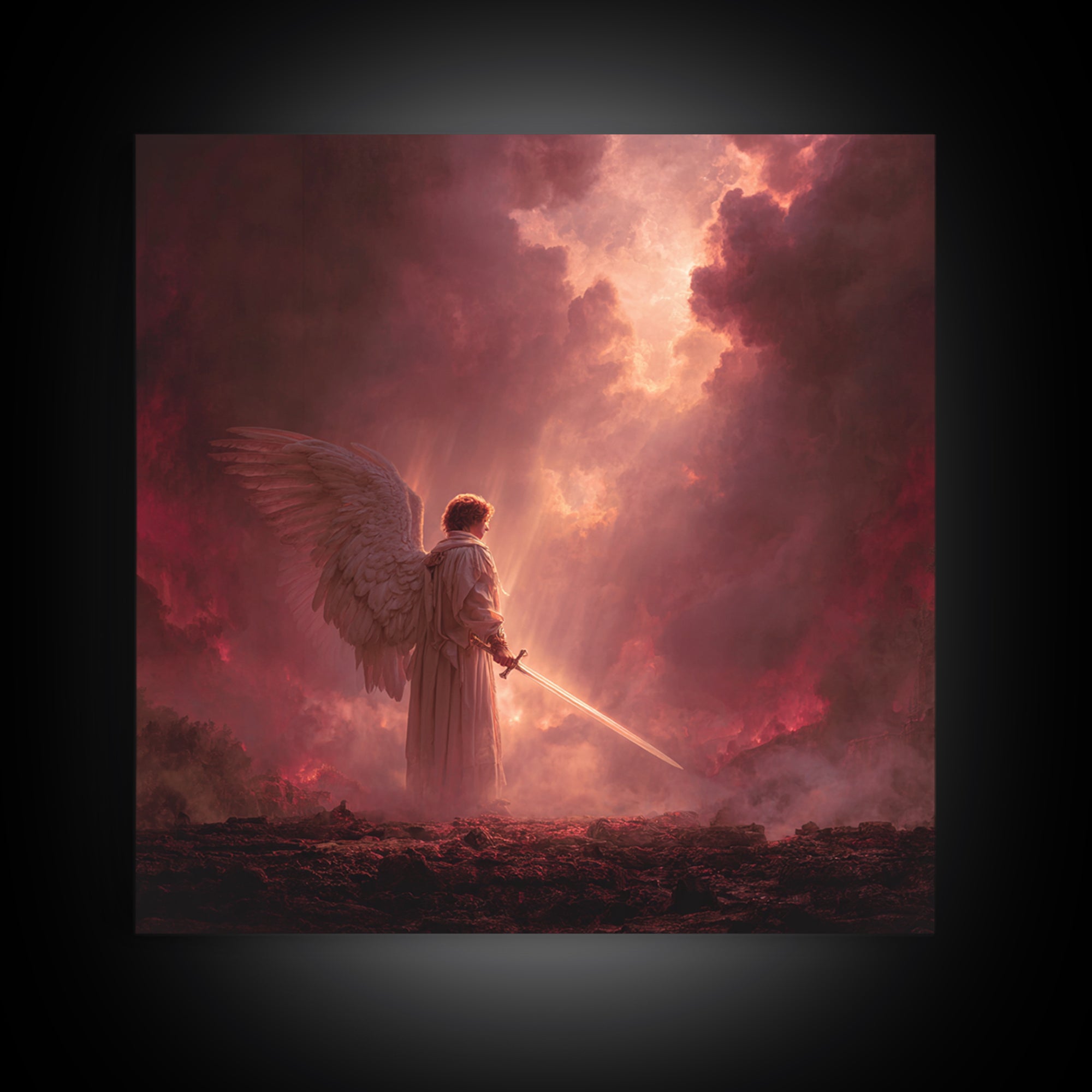 Angel Warrior With Sword Wall Art, Dark Fantasy Canvas Print, Christian Spiritual Decor, Gothic Celestial Statement Artwork