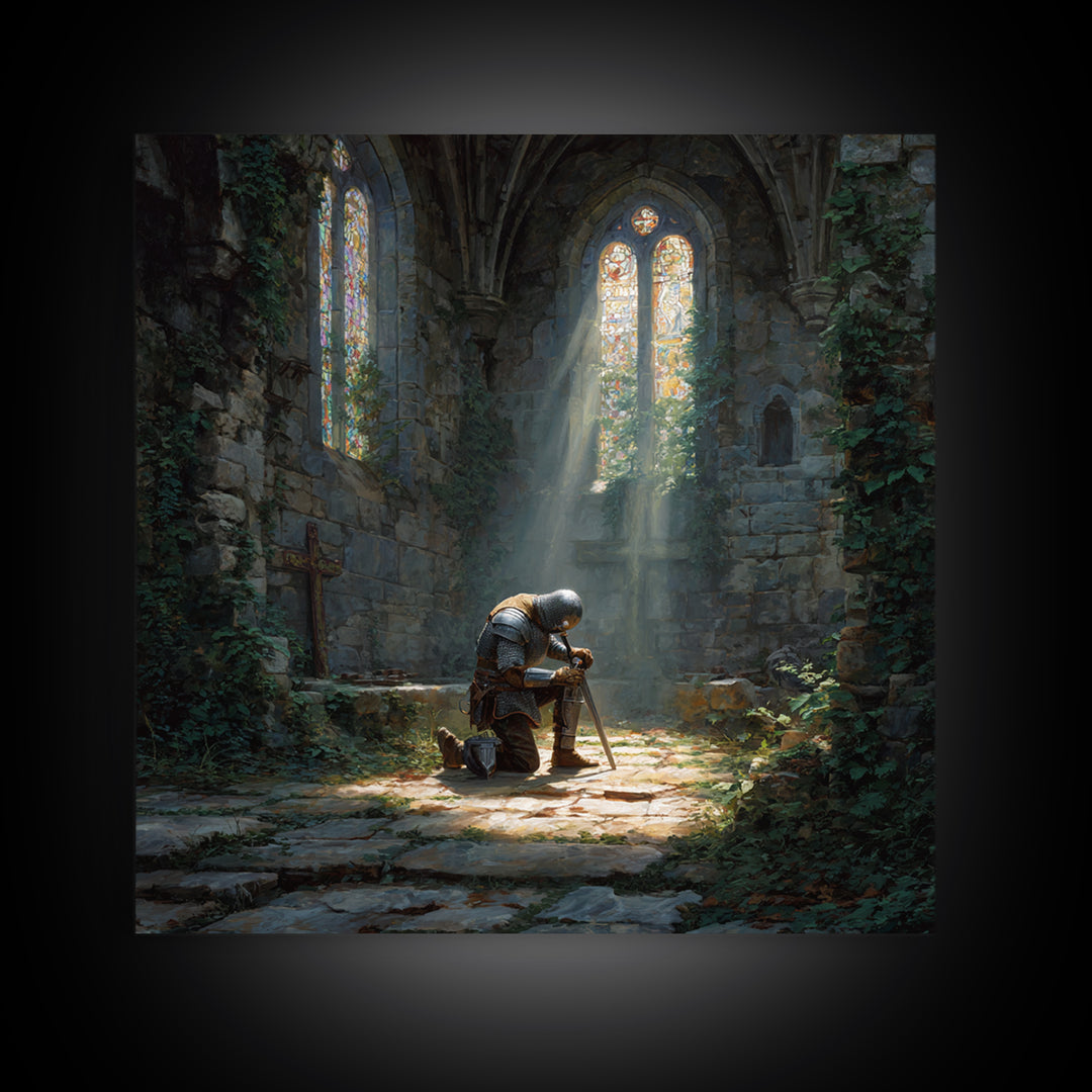 Kneeling Knight In Ruined Chapel Wall Art, Medieval Fantasy Canvas Print, Gothic Decor, Christian Artwork, Fine Art Print