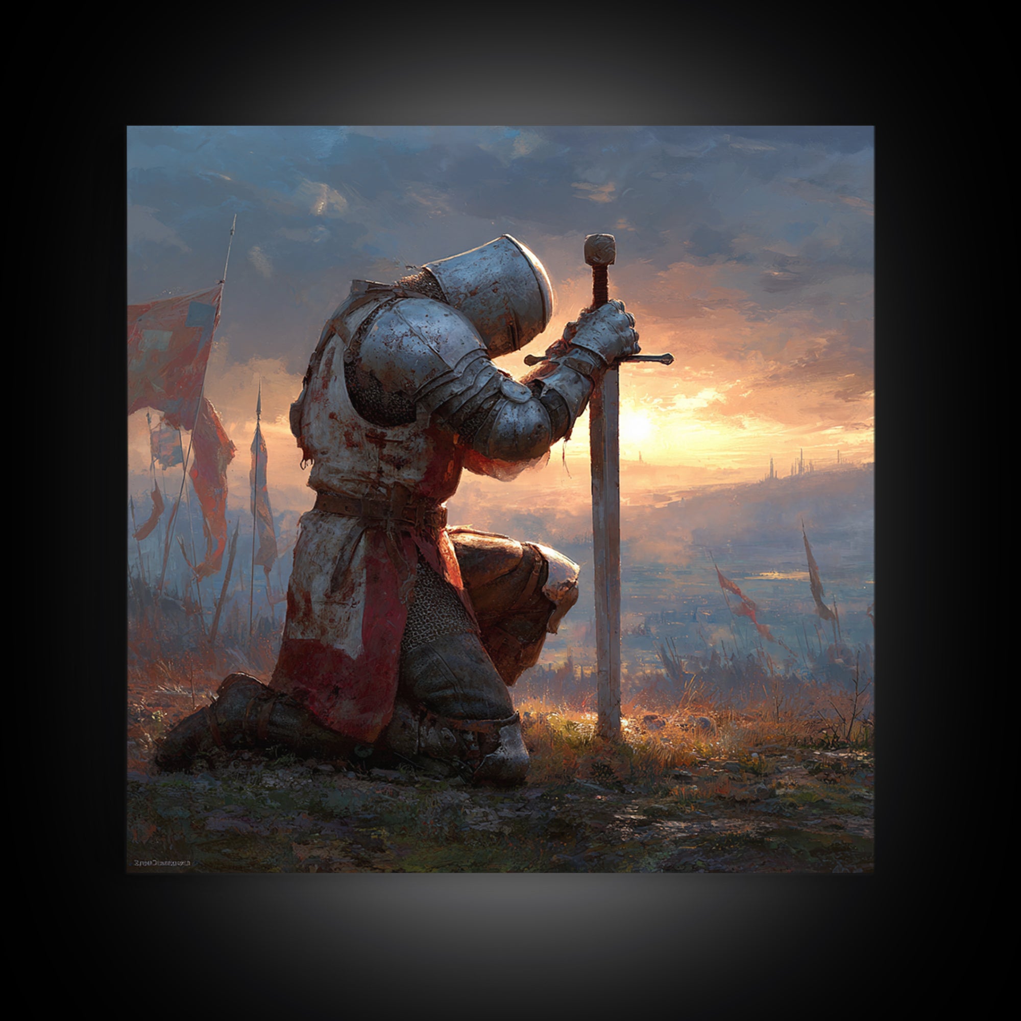Kneeling Medieval Knight Wall Art, Fantasy Canvas Print, Warrior Sword Painting, Gothic Decor, Dark Academia Gift For Him