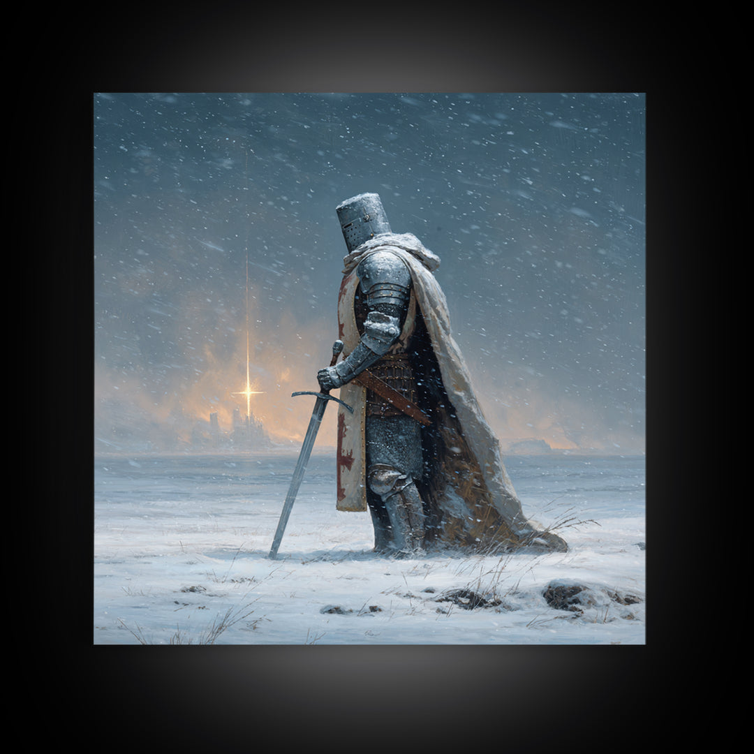 Snowy Medieval Knight Canvas Print, Fantasy Wall Art, Winter Warrior Sword Painting, Gothic Decor, Dark Academia Gift For Him