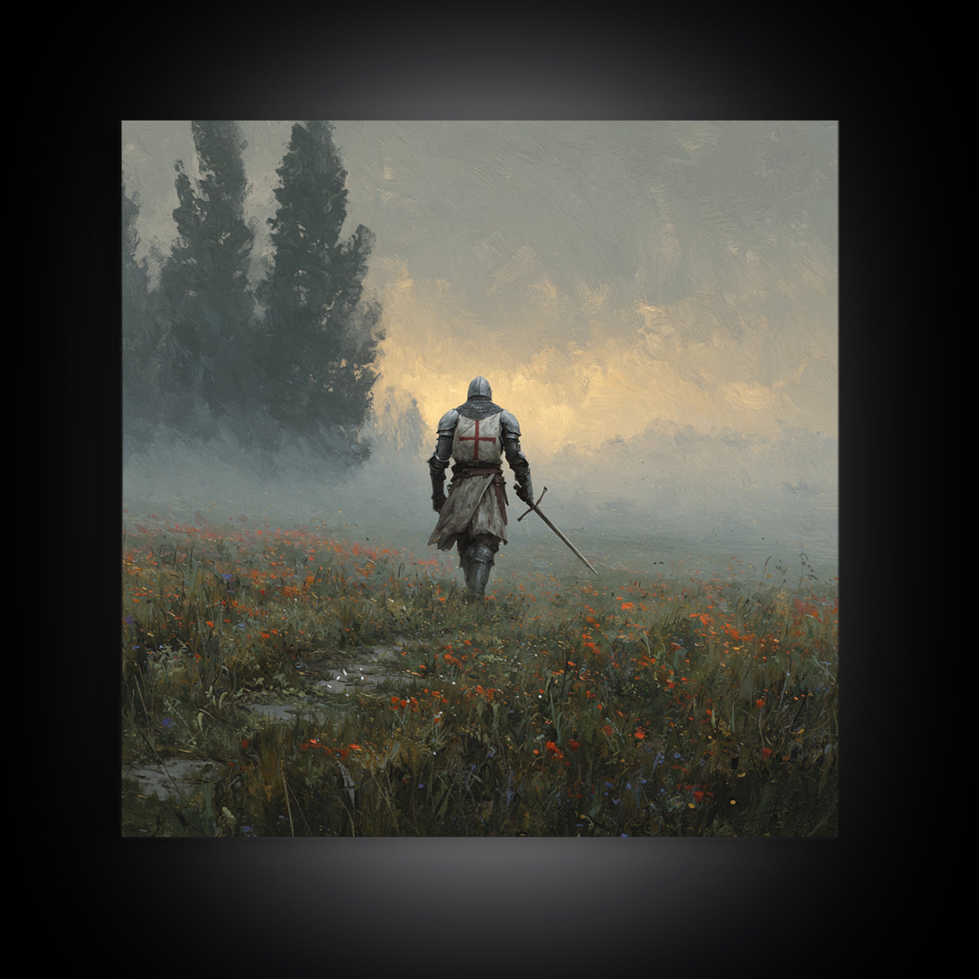 Misty Crusader Knight In Wildflower Meadow Wall Art, Medieval Landscape Canvas Print, Rustic Gothic Decor, Gift For Him Art