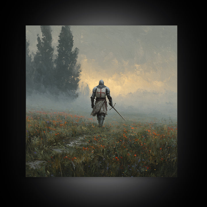 Misty Crusader Knight In Wildflower Meadow Wall Art, Medieval Landscape Canvas Print, Rustic Gothic Decor, Gift For Him Art