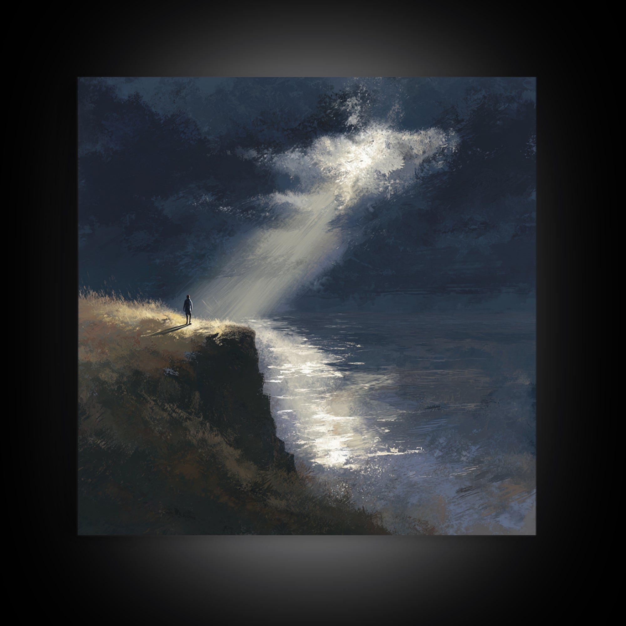 Lone Figure On Moonlit Cliff Wall Art, Moody Seascape, Dramatic Ocean Landscape, Dark Academia, Coastal Canvas Print, Fine Art Print