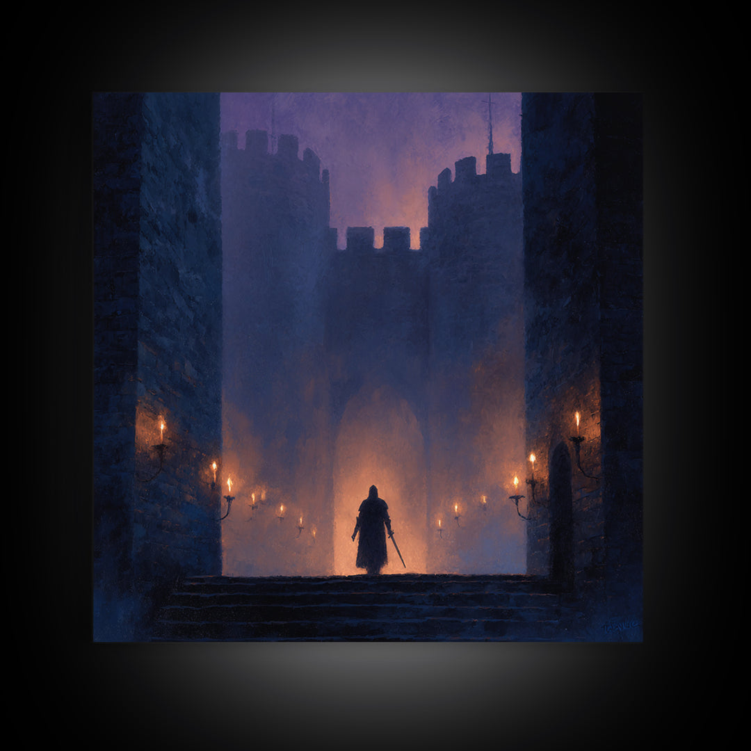 Cloaked Warrior At Castle Gate Wall Art, Dark Fantasy Canvas Print, Medieval Gothic Decor, Moody Game Room Art Gift For Him