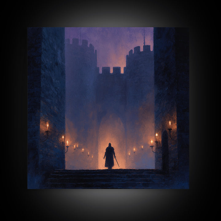 Cloaked Warrior At Castle Gate Wall Art, Dark Fantasy Canvas Print, Medieval Gothic Decor, Moody Game Room Art Gift For Him
