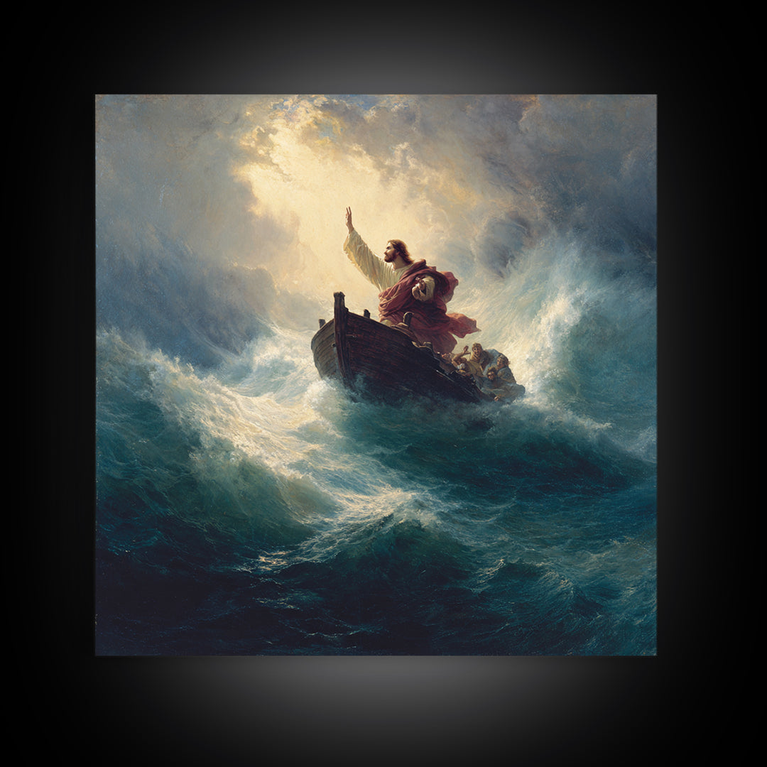 Jesus Calming The Storm At Sea Canvas Print, Biblical Ocean Painting, Christian Wall Art, Faith Gift For Prayer Room Decor