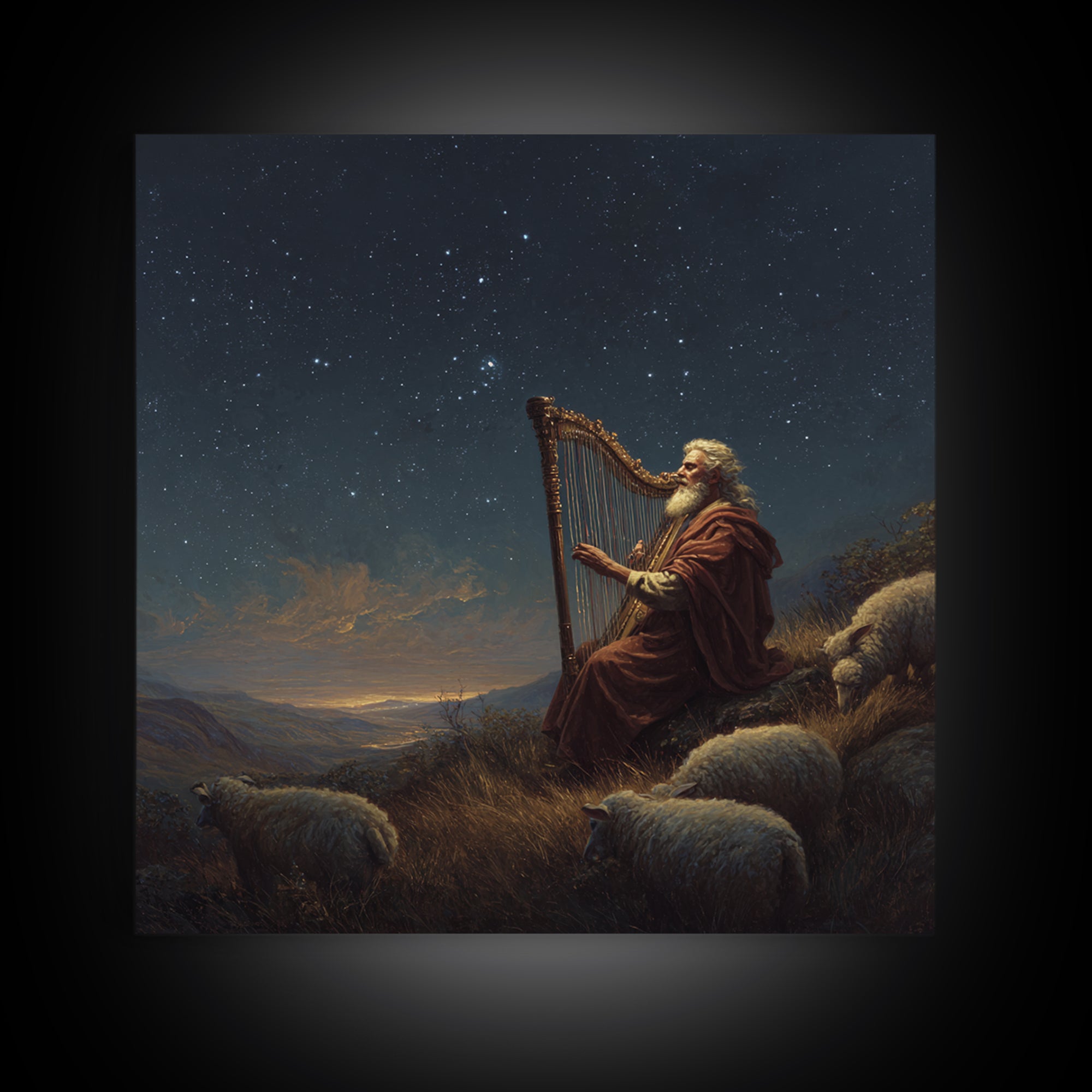 Biblical Shepherd Playing Harp Under Stars Canvas Print, David Psalm Wall Art, Celestial Christian Decor, Peaceful Gift For Her