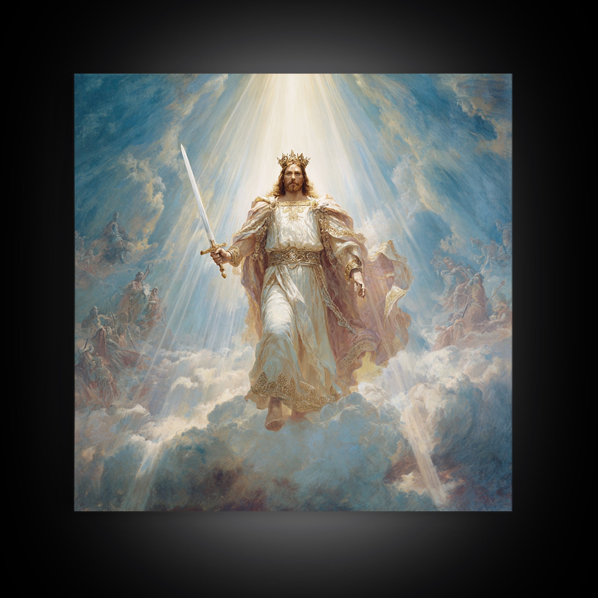 Radiant Jesus Warrior In Clouds Wall Art, Christian Framed Canvas Print, Biblical Religious Home Decor Gift For Prayer Room