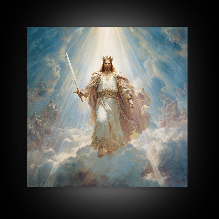 Radiant Jesus Warrior In Clouds Wall Art, Christian Framed Canvas Print, Biblical Religious Home Decor Gift For Prayer Room