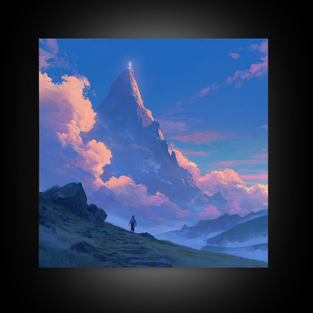 Glowing Fantasy Mountain Canvas Print, Epic Landscape Wall Art, Blue Sky Adventure Decor, Dreamy Nature Art, Gift For Him