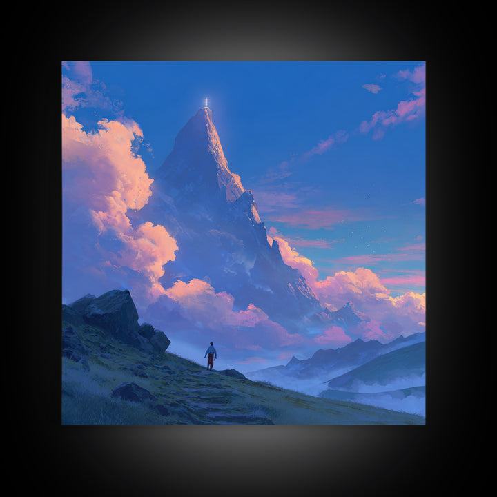 Glowing Fantasy Mountain Canvas Print, Epic Landscape Wall Art, Blue Sky Adventure Decor, Dreamy Nature Art, Gift For Him