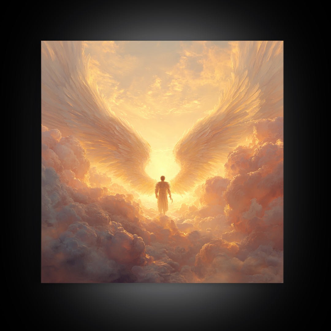 Angel Wings In Golden Clouds Canvas Print, Celestial Wall Art, Spiritual Heaven Decor, Guardian Angel Gift For Her, Nursery Wall Decor