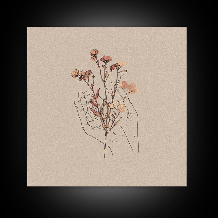 Delicate Hand With Wildflowers Wall Art, Feminine Botanical Line Art Canvas Print, Minimalist Bedroom Decor Gift For Her