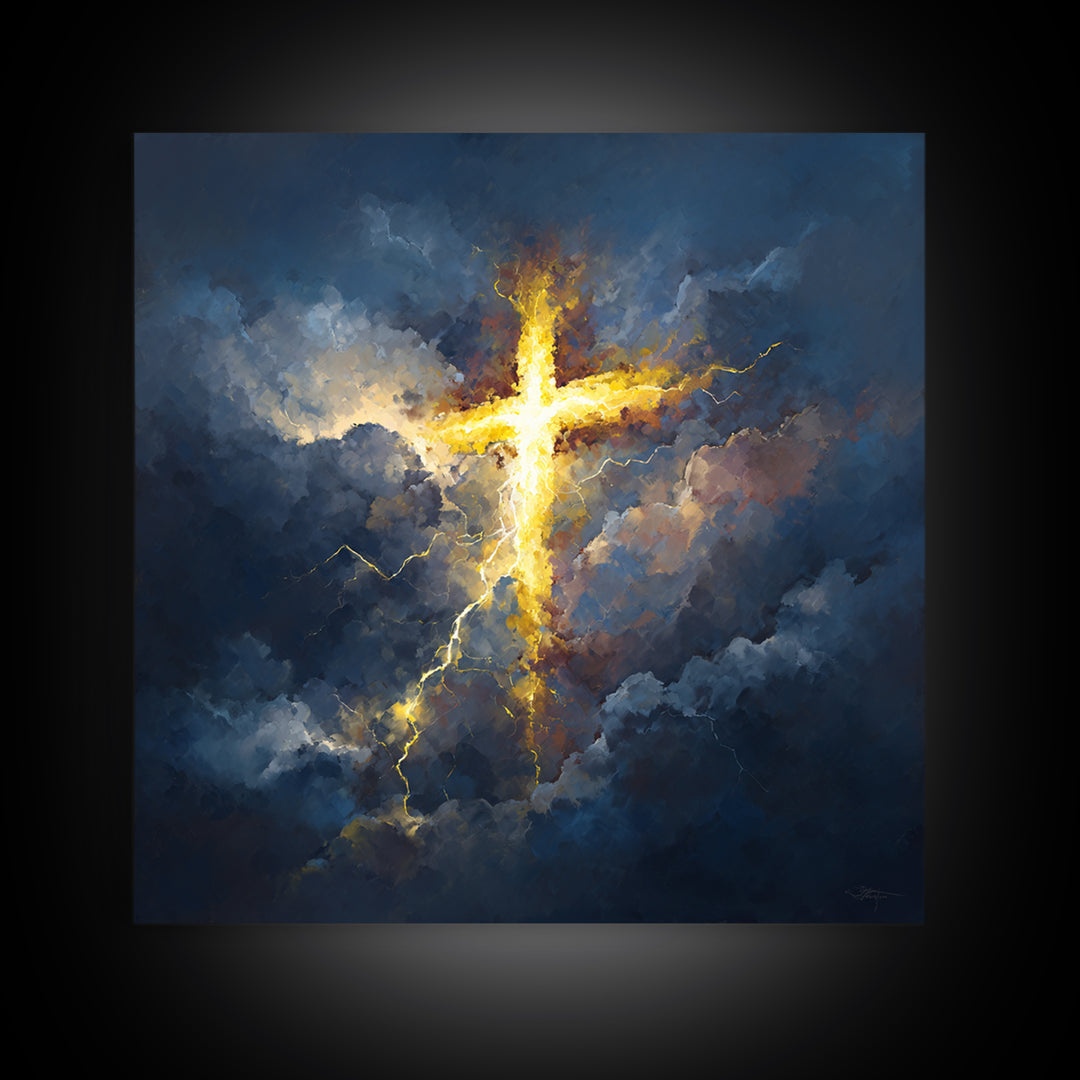 Glowing Cross In Storm Clouds Canvas Print, Christian Wall Art, Spiritual Gift, Faith Inspired Home Decor, Bible Verse Decor