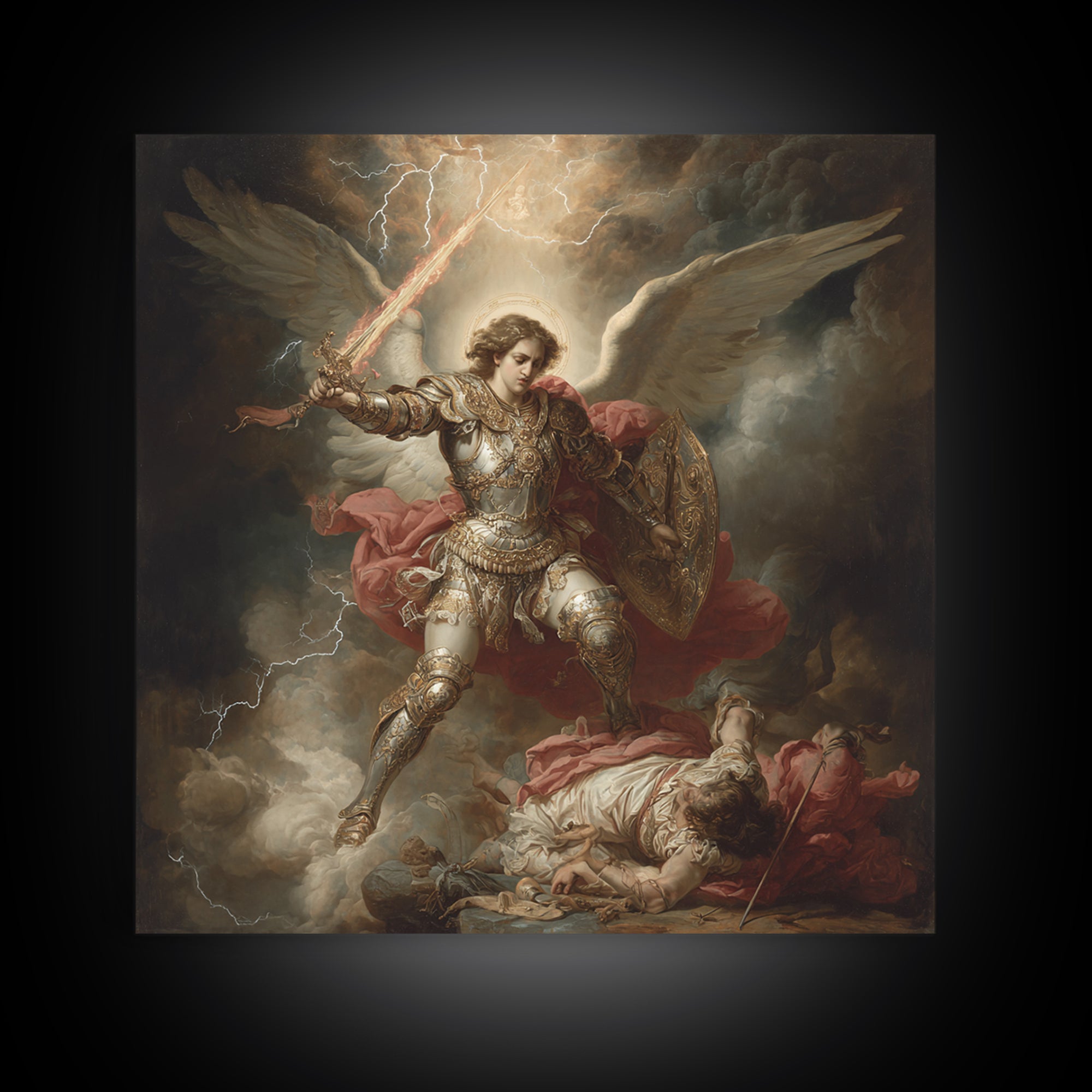 Archangel Michael Defeating Demon Framed Canvas Print, Baroque Religious Wall Art, Catholic Gift, Dramatic Fine Art Print
