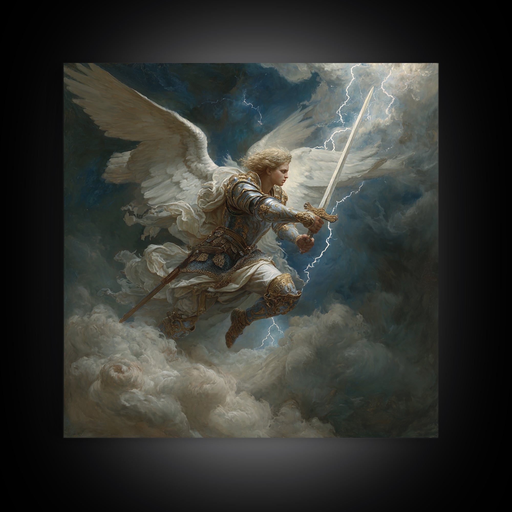 Archangel Warrior With Lightning Sword Canvas Print, Dramatic Christian Wall Art, Fantasy Angel Decor, Spiritual Gift For Him