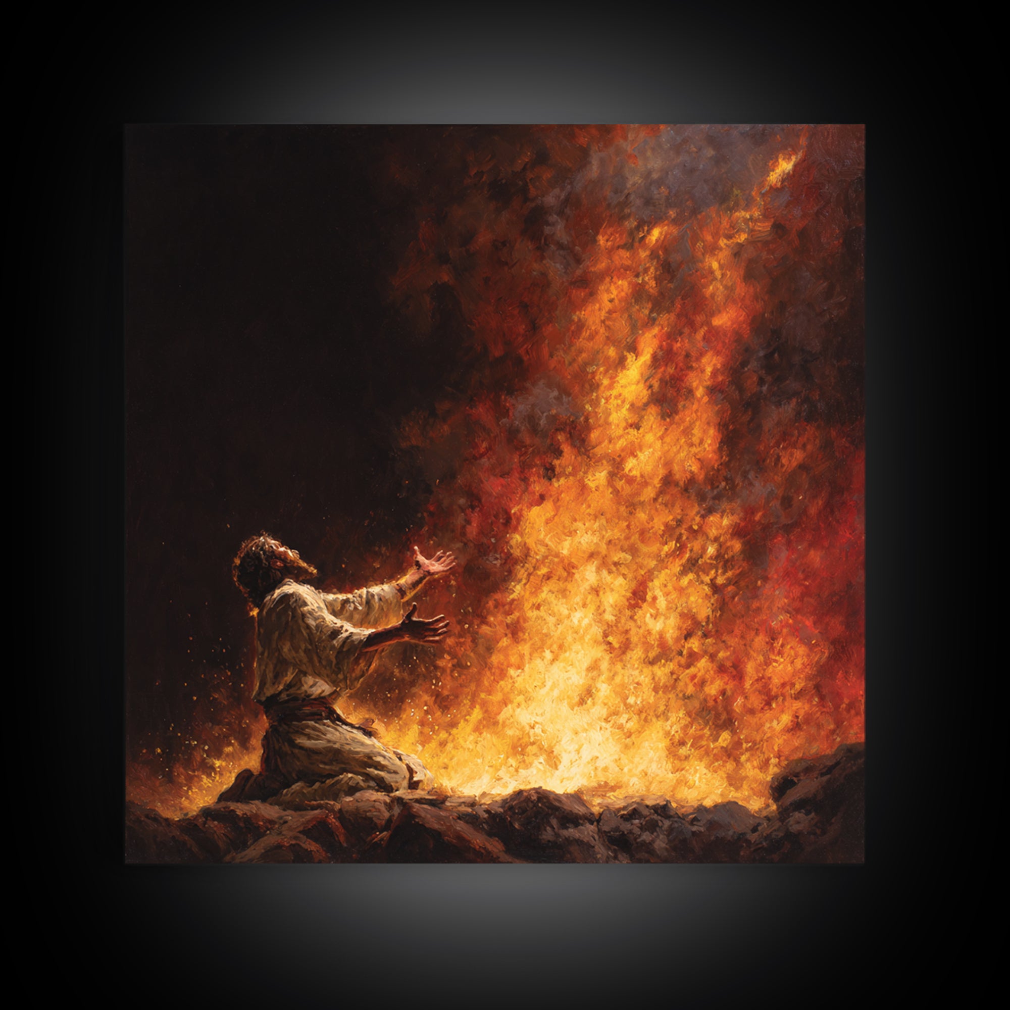 Kneeling Prophet Before Blazing Fire Wall Art, Biblical Painting, Spiritual Canvas Wall Art, Dramatic Christian Home Decor
