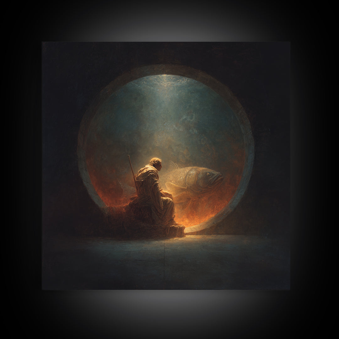 Surreal Fisherman And Giant Fish Canvas Print, Dark Fantasy Art, Moody Wall Decor, Unique Statement Artwork, Fine Art Print