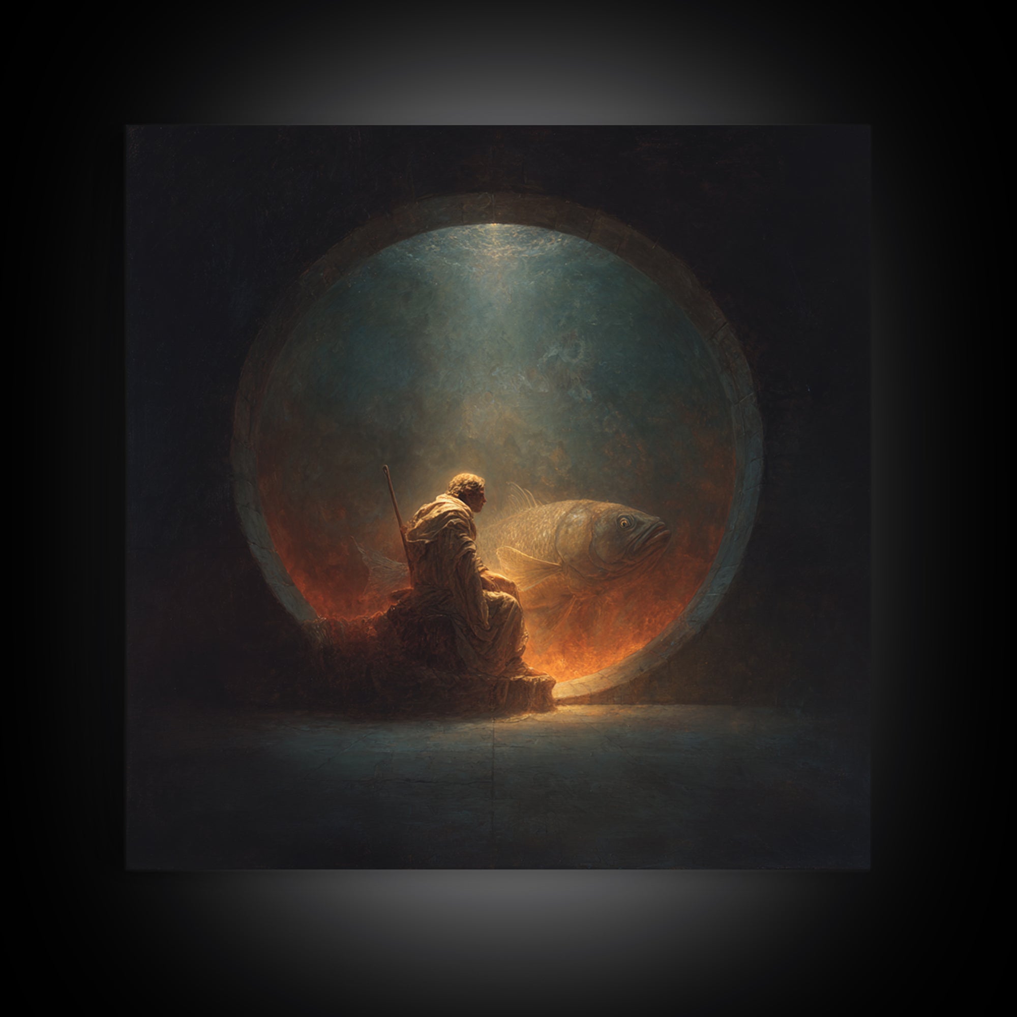 Surreal Fisherman And Giant Fish Canvas Print, Dark Fantasy Art, Moody Wall Decor, Unique Statement Artwork, Fine Art Print