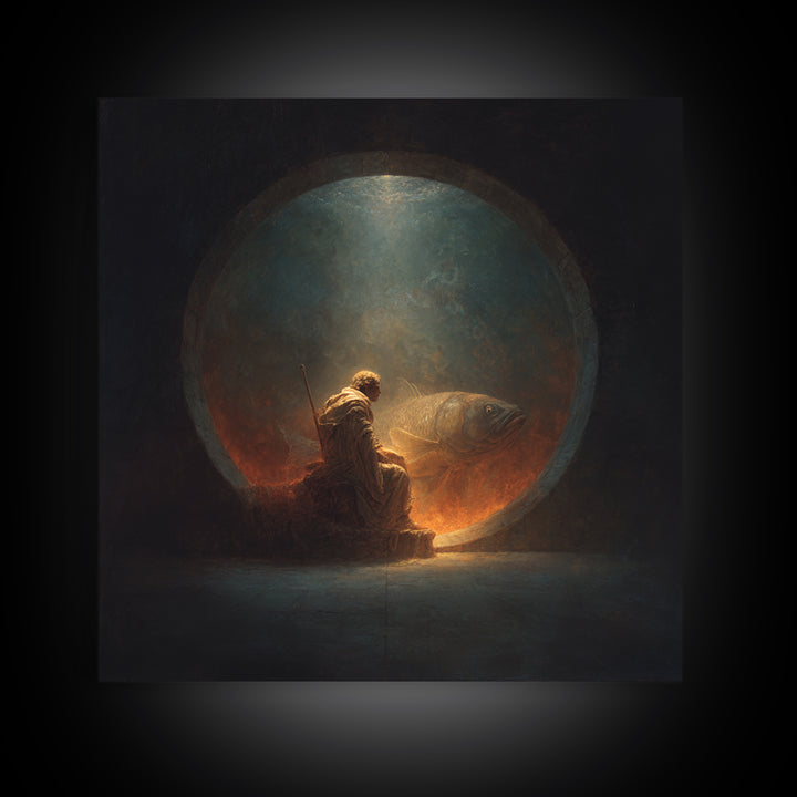 Surreal Fisherman And Giant Fish Canvas Print, Dark Fantasy Art, Moody Wall Decor, Unique Statement Artwork, Fine Art Print