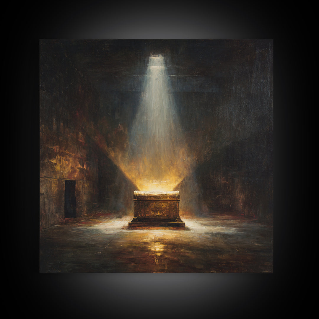Glowing Ark In Ancient Chamber Framed Canvas Print, Dark Academia Wall Art, Biblical Oil Painting, Spiritual Home Decor Print
