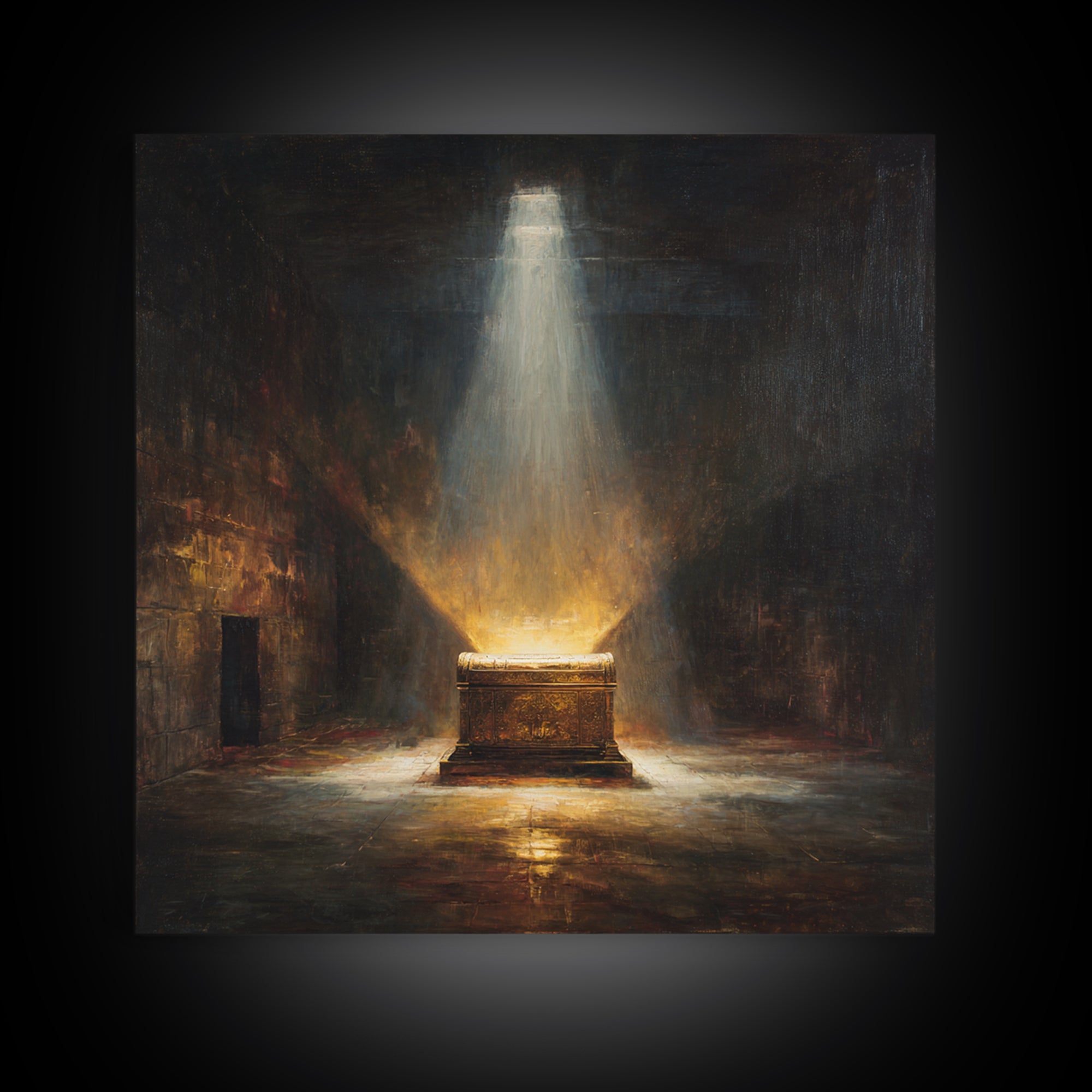 Glowing Ark In Ancient Chamber Framed Canvas Print, Dark Academia Wall Art, Biblical Oil Painting, Spiritual Home Decor Print