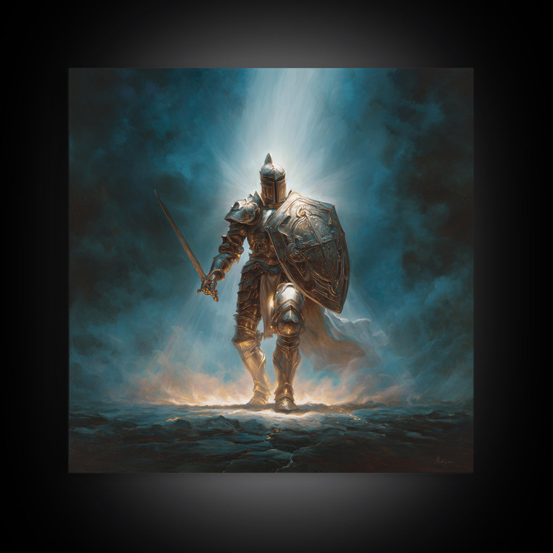 Heroic Silver Knight With Sword And Shield Wall Art, Fantasy Warrior Framed Canvas Print, Gothic Decor, Dramatic Office Art