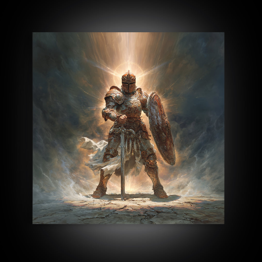 Glowing Medieval Knight Framed Canvas Print, Fantasy Wall Art, Warrior Armor Painting For Man Cave Decor And Gift For Him