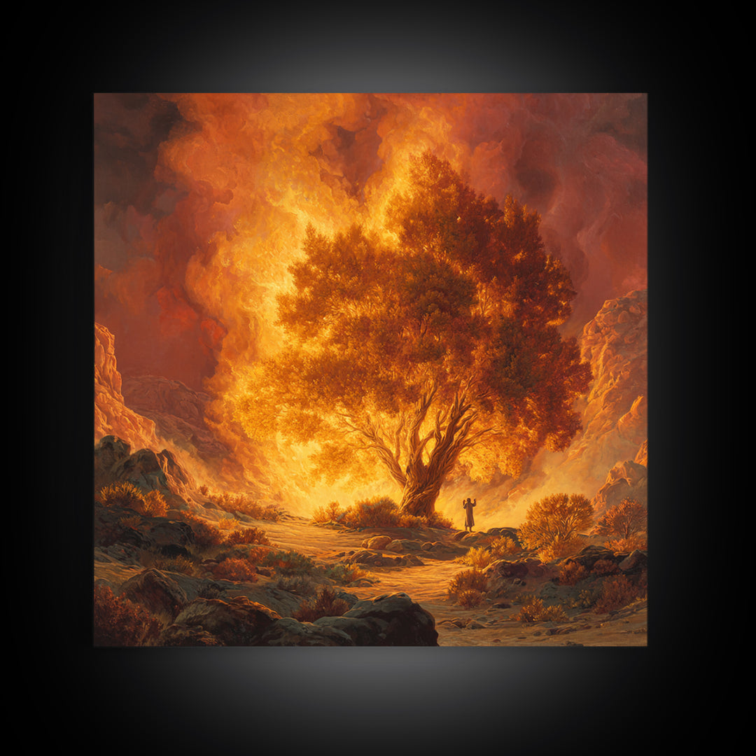 Fiery Burning Bush In Desert Wall Art, Biblical Christian Canvas Print, Spiritual Landscape Decor, Religious Housewarming Gift