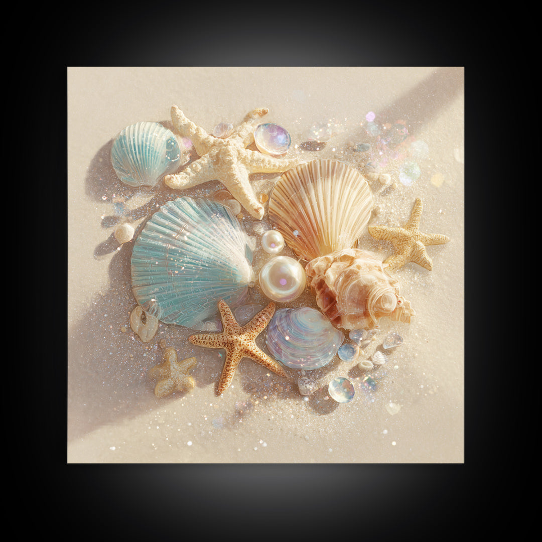 Seashells Starfish And Pearls Wall Art, Coastal Beach Canvas Print, Ocean Life Decor For Bathroom Or Beach House Home Decor