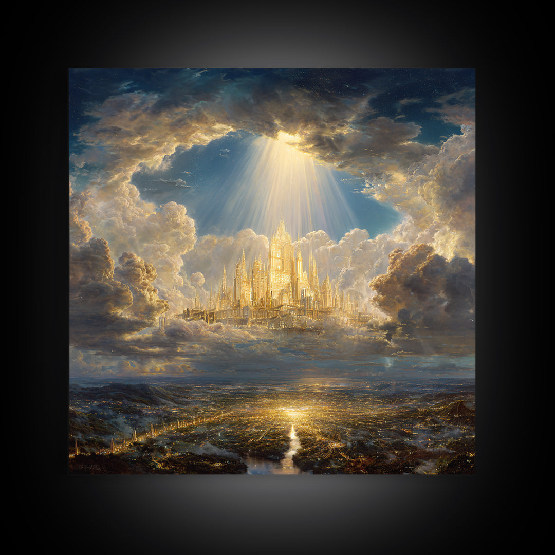 Golden Celestial City Above Clouds Wall Art, Heavenly Fantasy Canvas Print, Spiritual Landscape Decor, Statement Artwork Gift