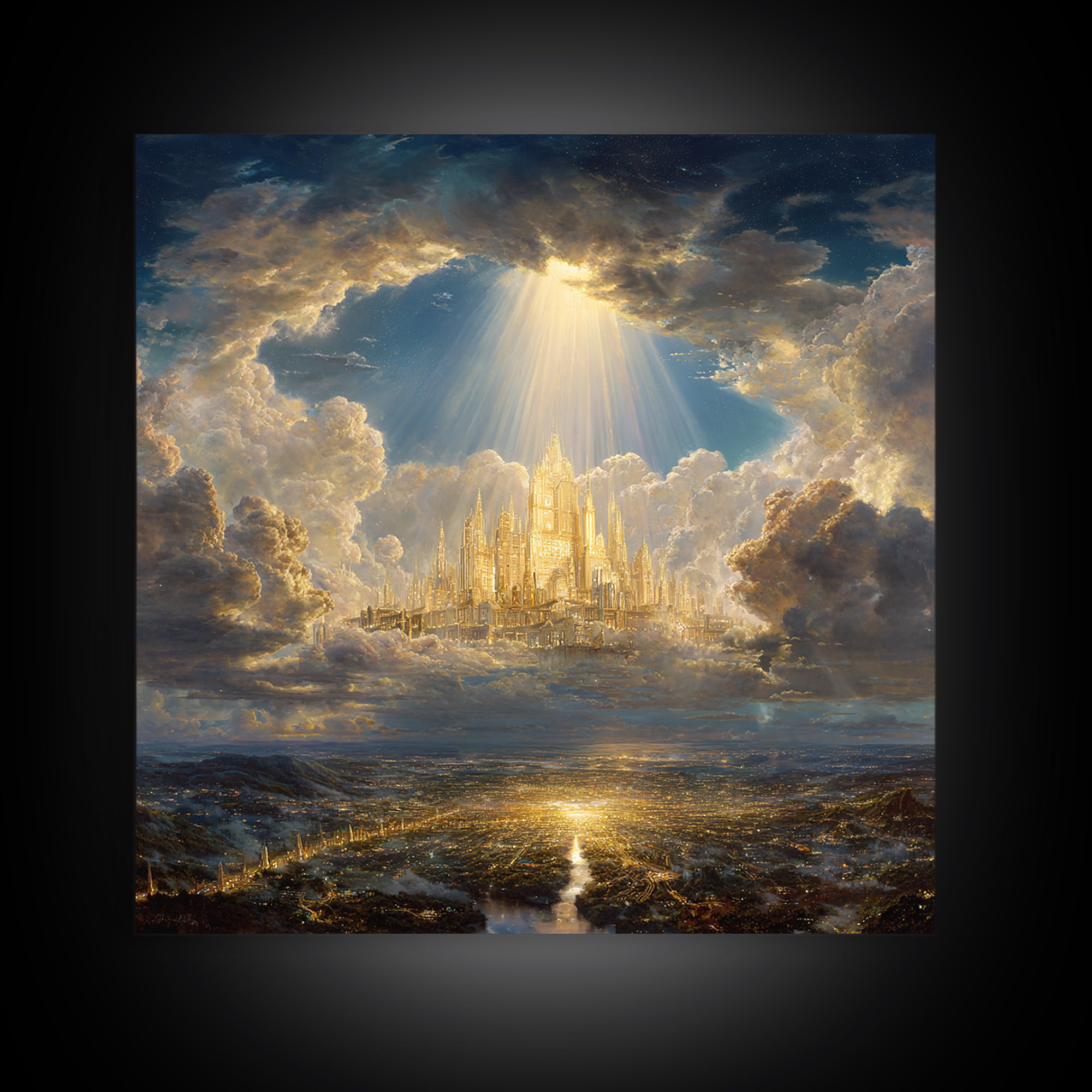 Golden Celestial City Above Clouds Wall Art, Heavenly Fantasy Canvas Print, Spiritual Landscape Decor, Statement Artwork Gift