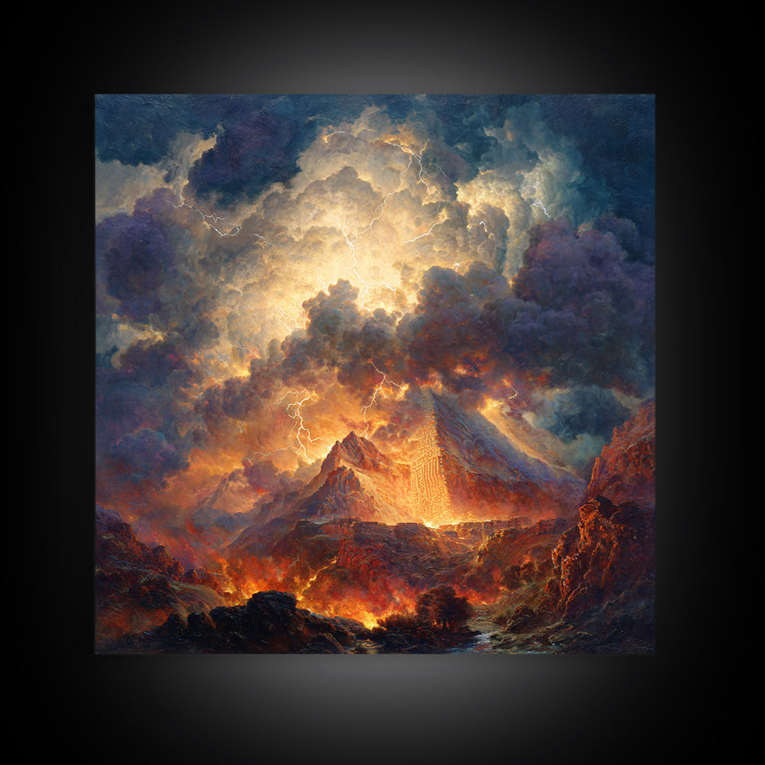 Volcanic Pyramid Storm Canvas Print, Fantasy Landscape Wall Art, Dramatic Lightning Decor, Dark Academia Statement Artwork