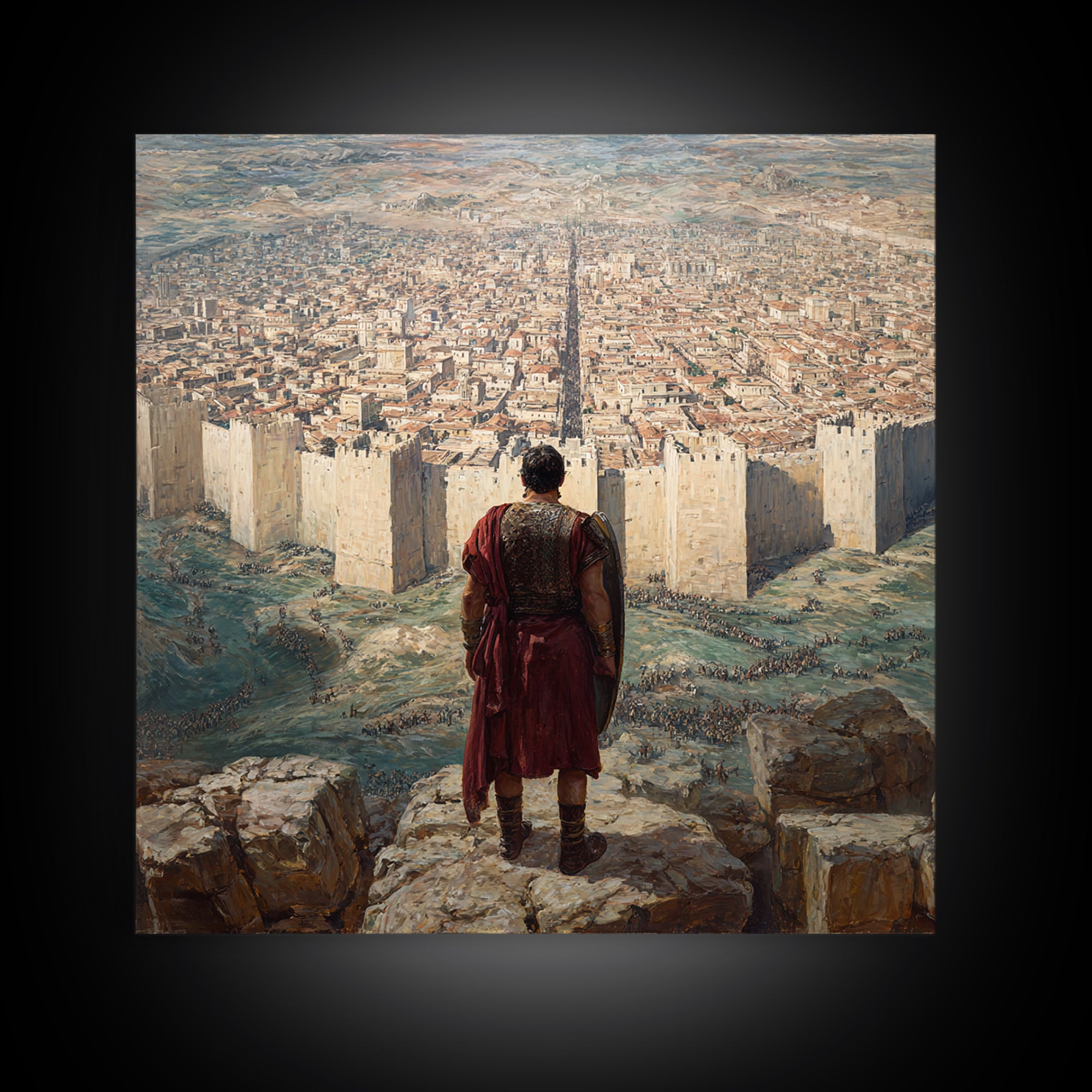 Warrior Over Ancient Walled City Wall Art, Biblical Landscape Framed Canvas Print, Historical Masculine Office Decor Gift