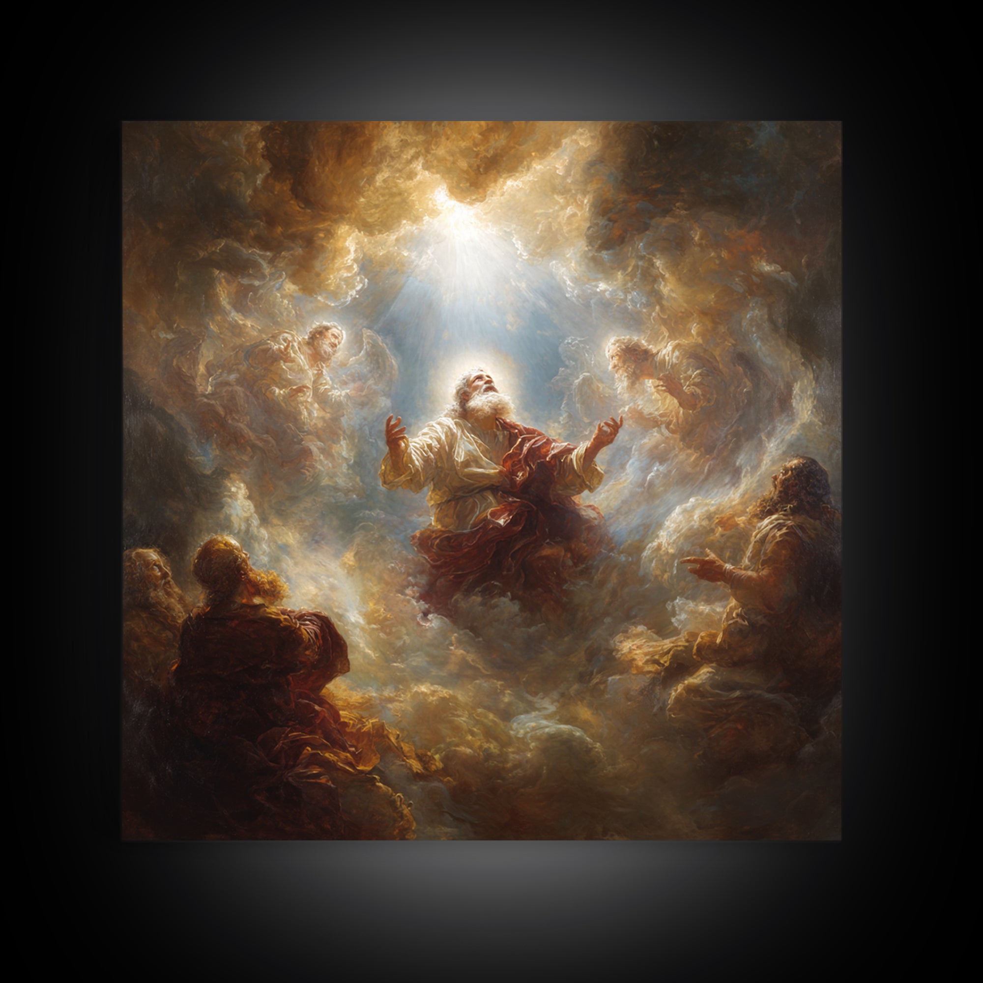Biblical Prophet Ascending In Golden Clouds Framed Canvas Print, Christian Wall Art, Religious Home Decor, Prayer Room Gift
