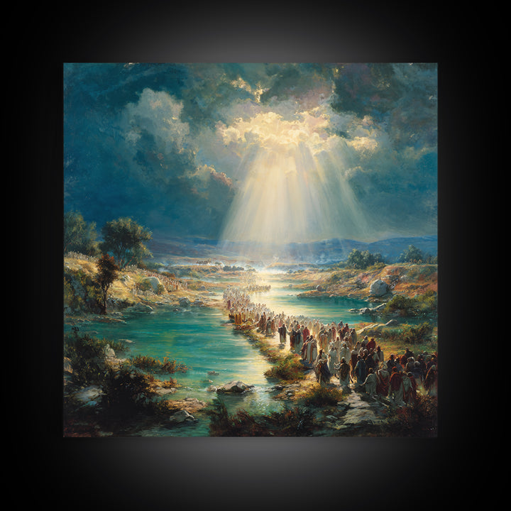 Biblical River Crossing Canvas Print, Radiant Sunbeams Over Sacred Landscape, Christian Wall Art, Religious Home Decor, Prayer Room Decor