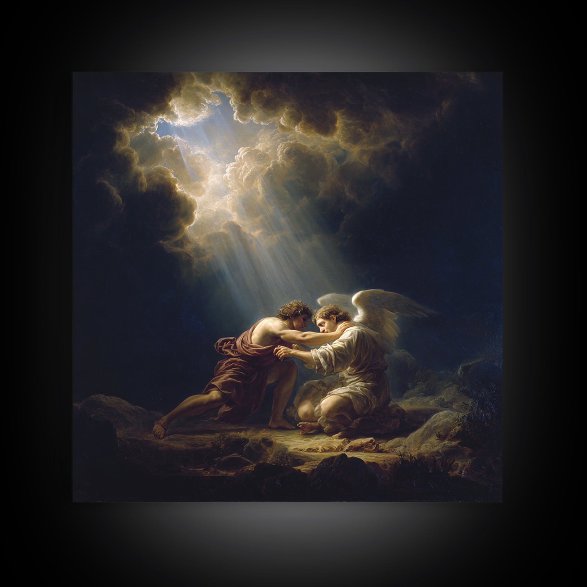 Guardian Angel Comforting Man Canvas Print, Biblical Wall Art, Religious Fine Art, Spiritual Home Decor Gift For Her And Him