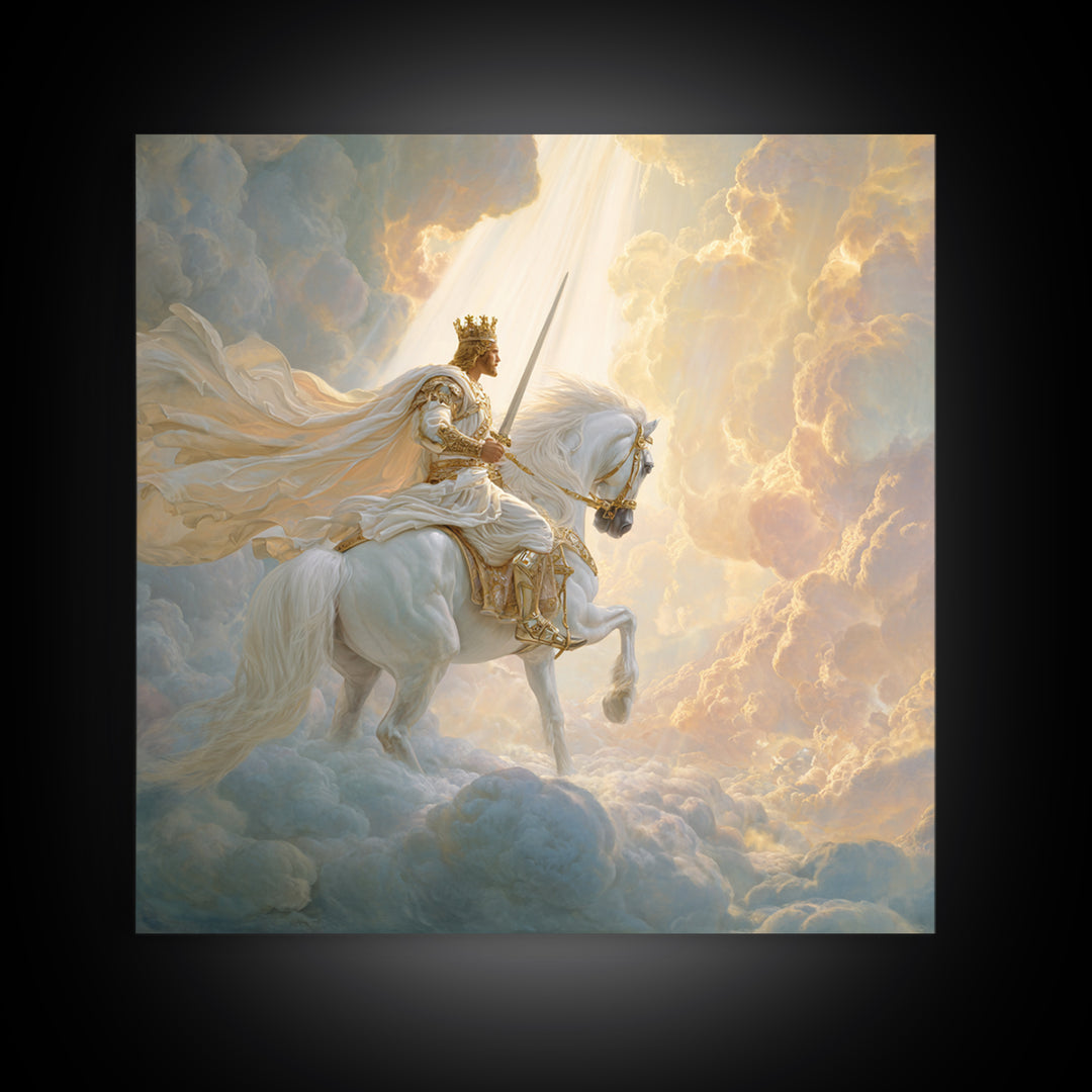 Heavenly King On White Horse Wall Art, Biblical Fantasy Art Print, Christian Home Decor, Ethereal Clouds Framed Canvas Print
