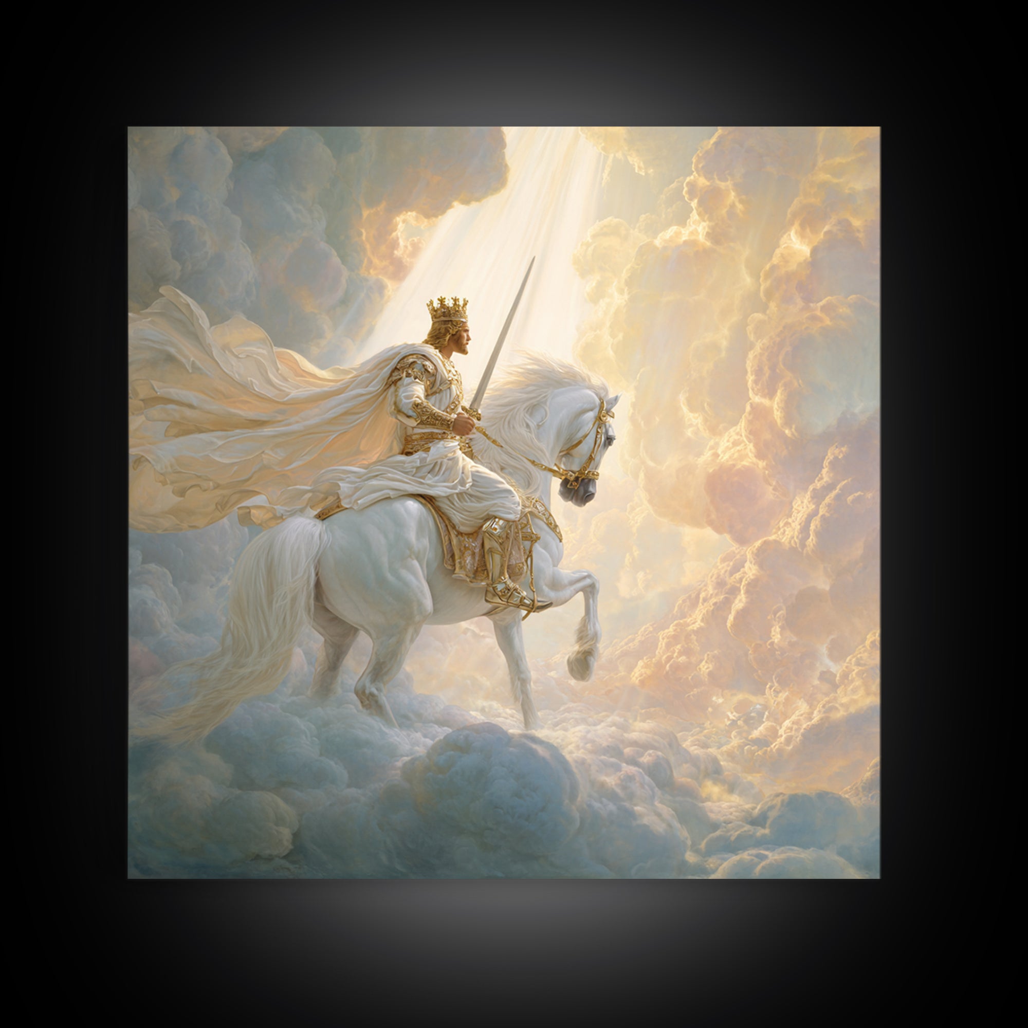 Heavenly King On White Horse Wall Art, Biblical Fantasy Art Print, Christian Home Decor, Ethereal Clouds Framed Canvas Print